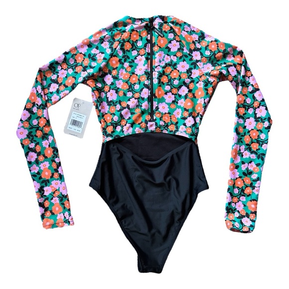 OP Ocean Pacific long sleeve one piece swimsuit surf suit black and floral - Picture 3 of 6